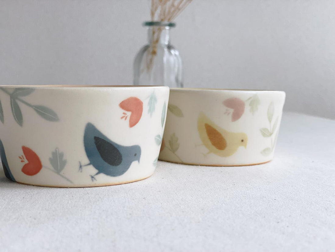 Buncho Pottery Bird and flower soup cup - Yellow