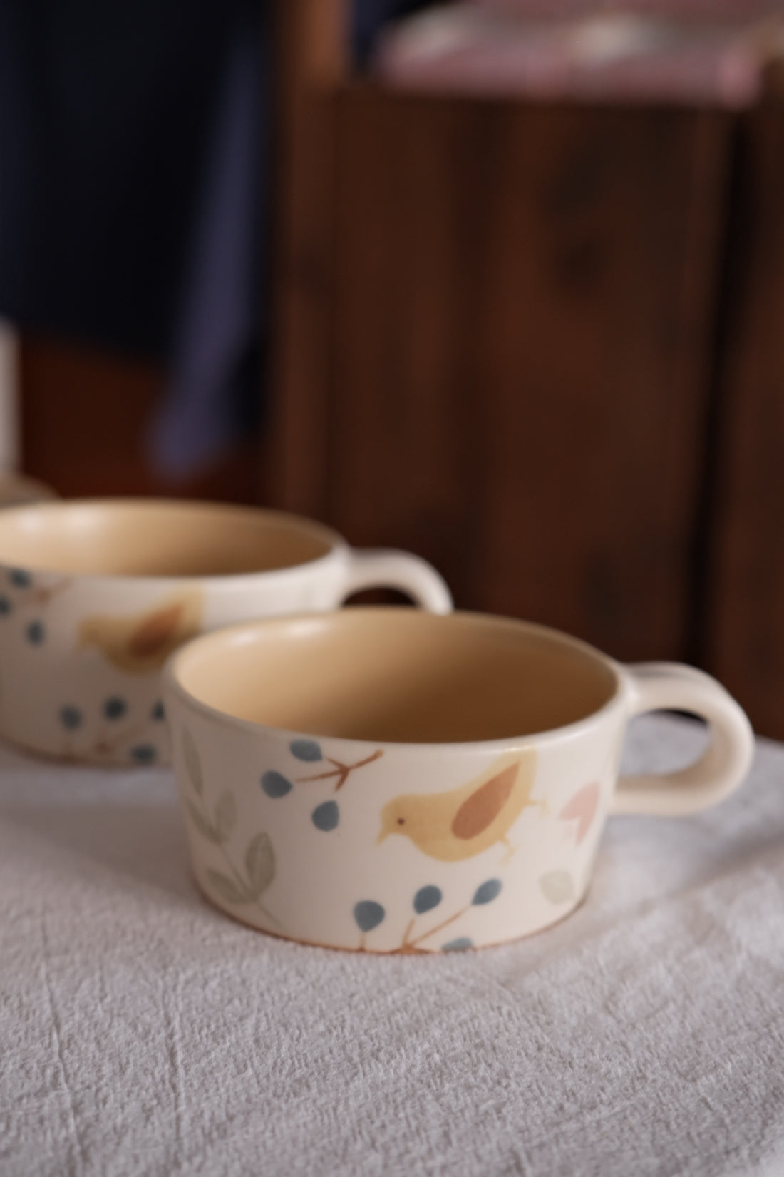 Buncho Pottery Bird and flower soup cup - Yellow