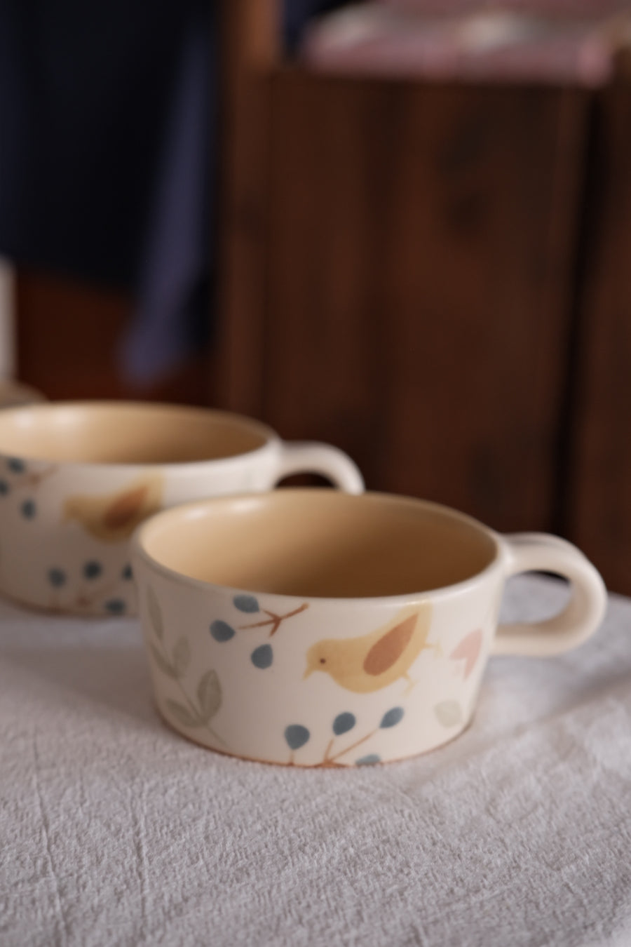 Buncho Pottery Bird and flower soup cup - Yellow