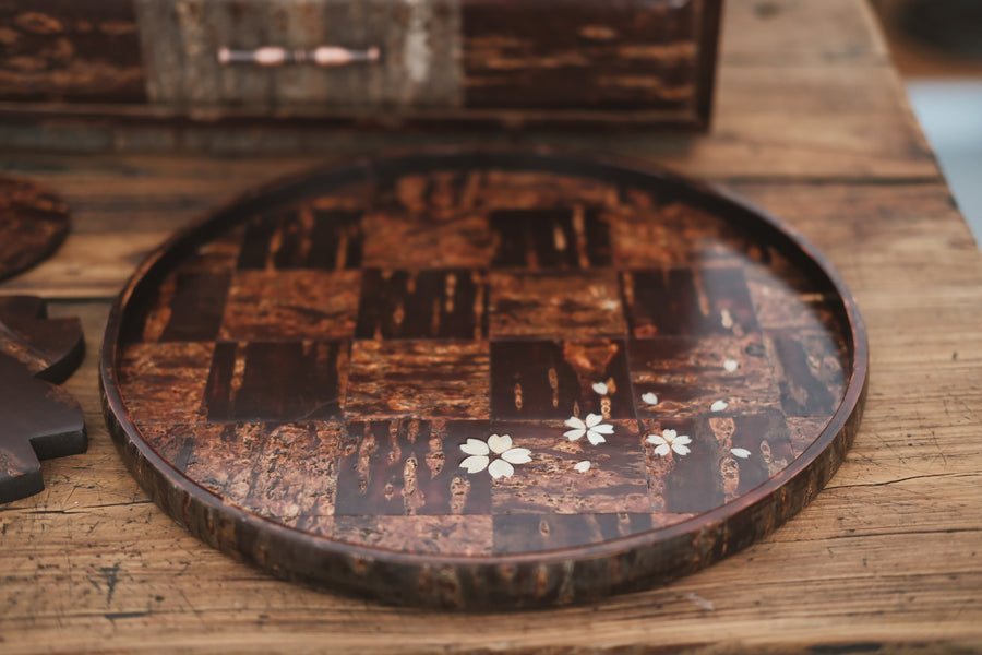 Yatsuyanagi Shell Inlay Sakura Round Tea Tray Checkered Pattern