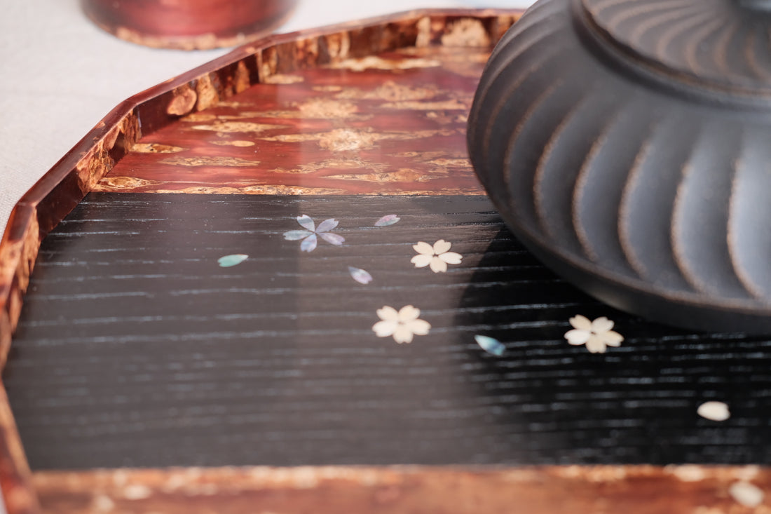 Yatsuyanagi Shell Inlay Sakura Akita Cherry Bark Work Hexadecagon Tray