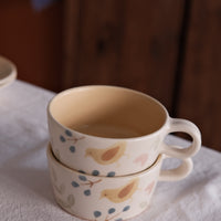 Buncho Pottery Bird and flower soup cup - Yellow