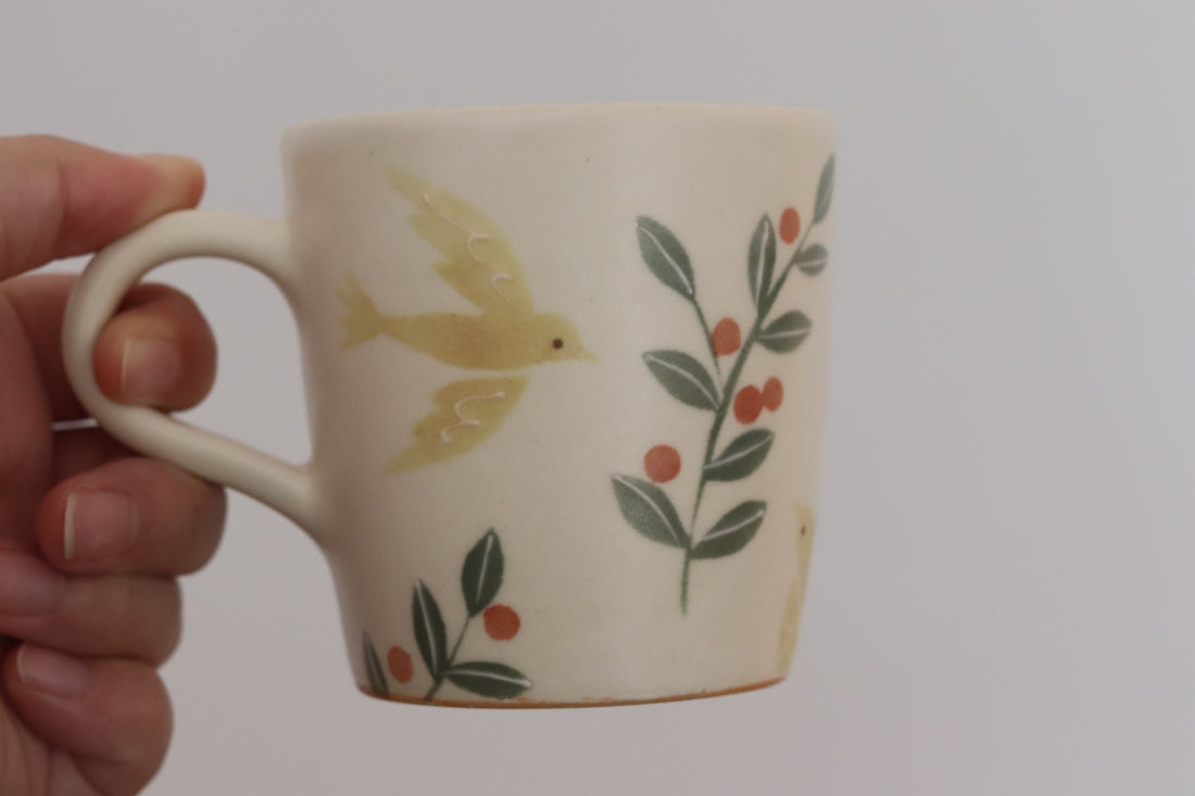 Buncho Pottery Bird w Berry Mug & Suacer