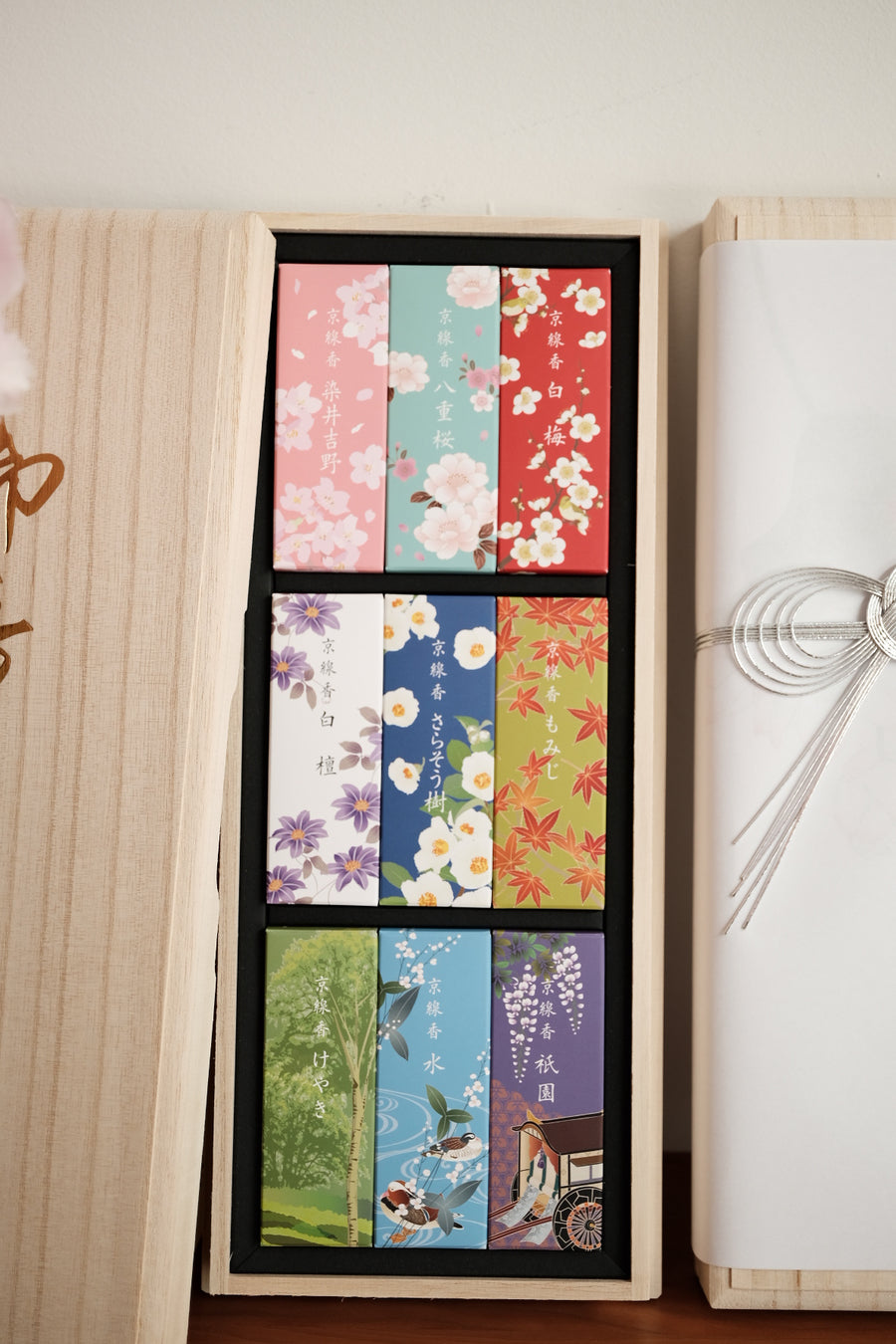 Kousaido Incense Gift Set - Nine Varieties of Short Incense Sticks in a Paulownia Box