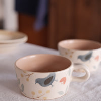 Buncho Pottery Bird and flower soup cup - Blue