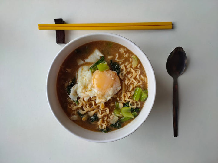 Japanese bowl with noodles and toppings