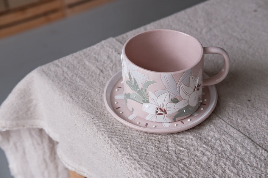 BAIYA Studio Pink Lily Coffee Mug w Saucer