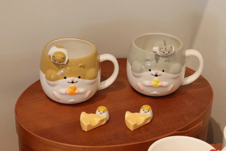 Japanese Ceramic Hamster Mugs And Spoon