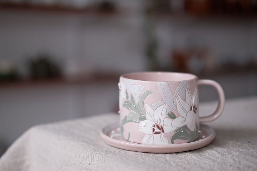 BAIYA Studio Pink Lily Coffee Mug w Saucer